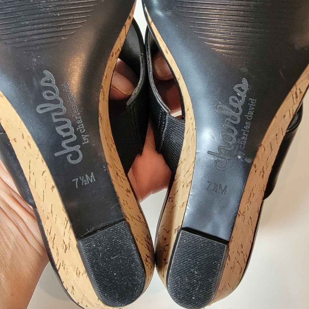 Charles David | Cork Wedge Black leather Cris Cross open toe Slip-on shoes 7.5 - Picture 10 of 12